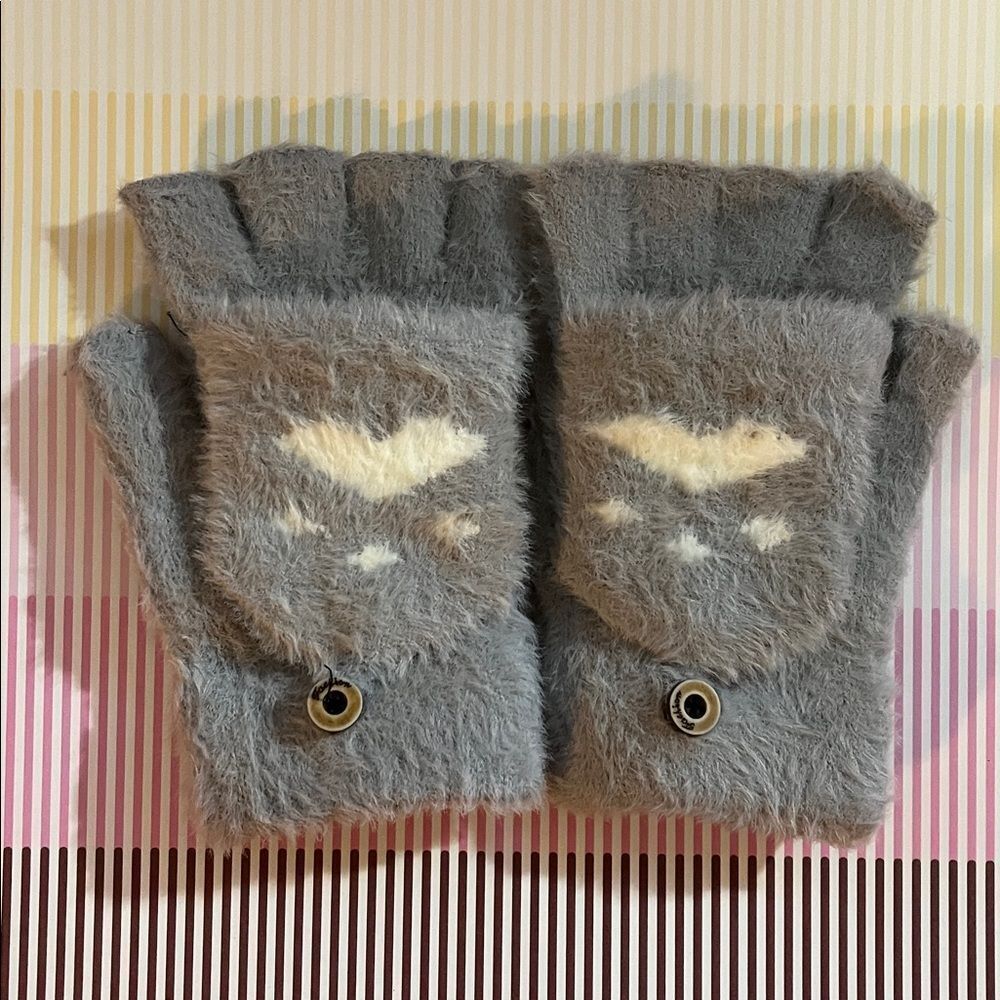 Gray and White Cozy Fingerless Gloves with Paw Print